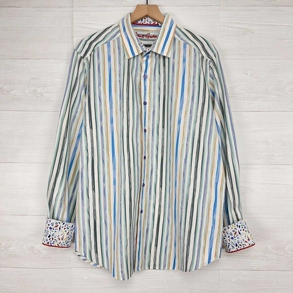 Robert Graham Mens Button Up Shirt XL Flip Cuff Striped Blue White Long Sleeves - Picture 14 of 15
